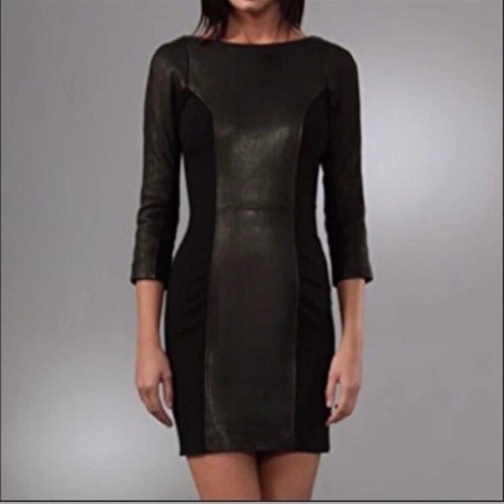 Diane Von Furstenberg🔥Sexy🔥 Size 10 Black Leather 3/4 Sleeve BodyCon Dress